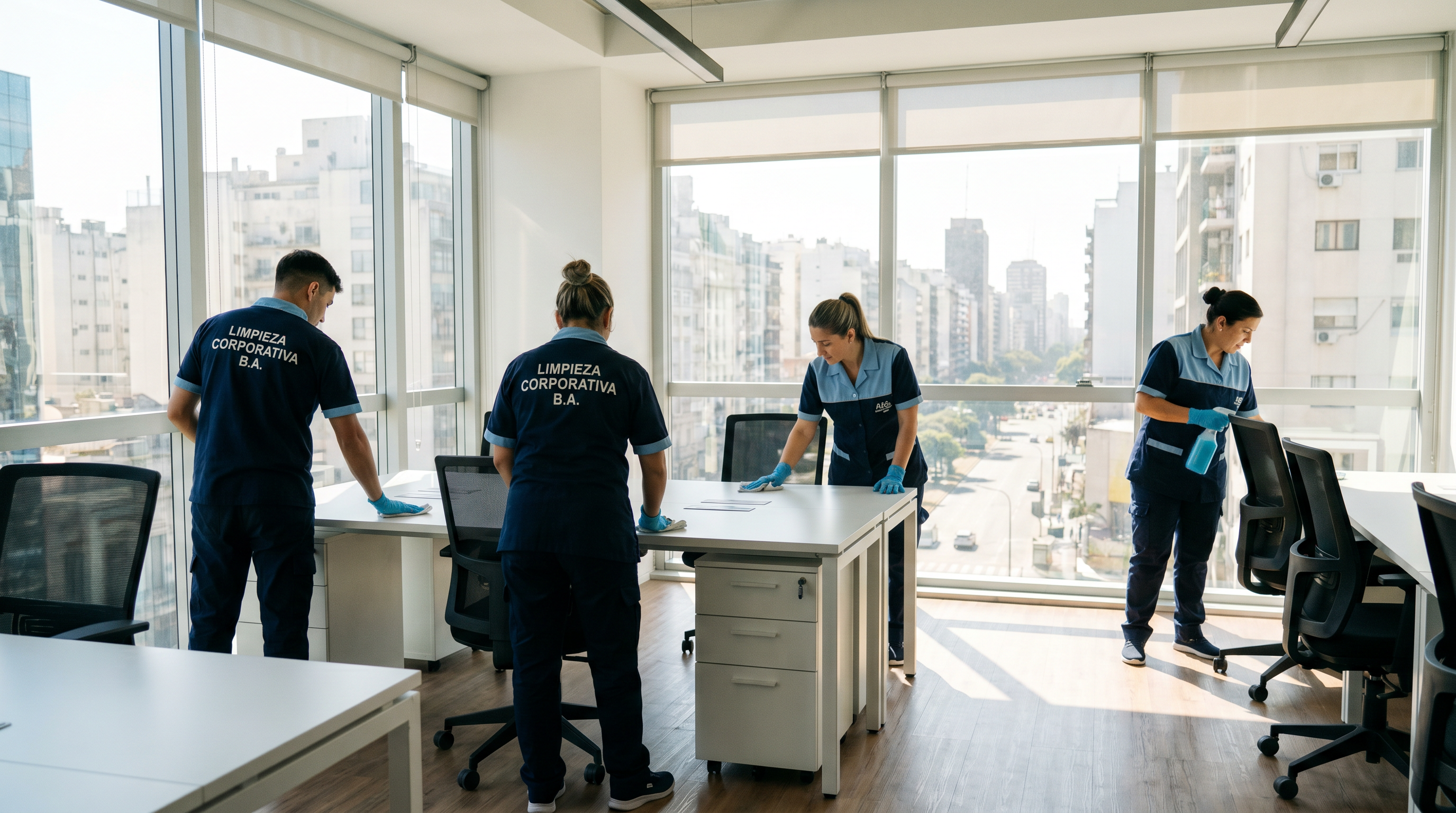 Equipo de limpieza profesional en oficinas de Buenos Aires